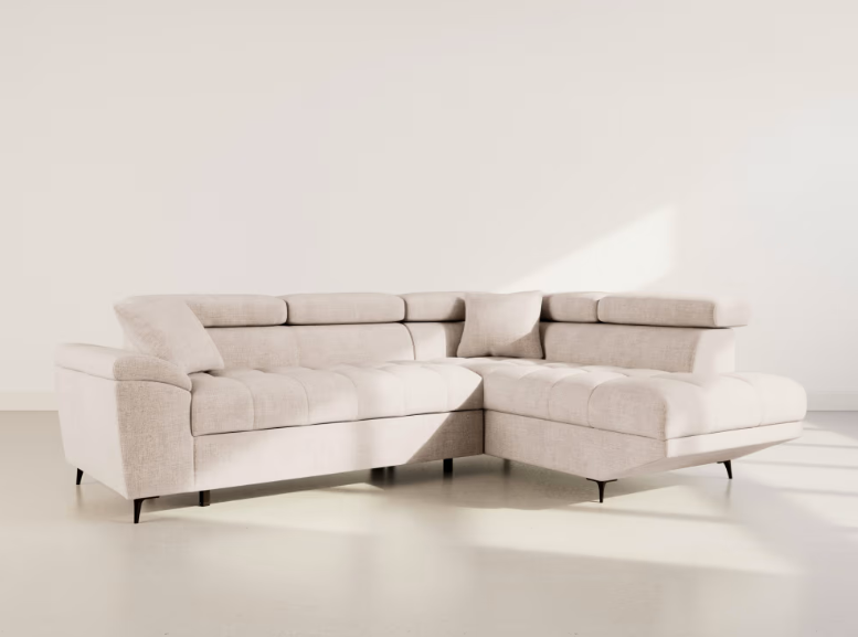 Camille - Canapé d'angle droit convertible 5 places en velours texturé beige 4