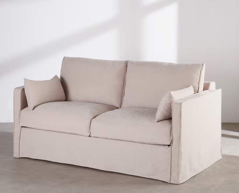 Julio - Canapé convertible 3 places déhoussable en textile tramé beige, matelas 14 cm