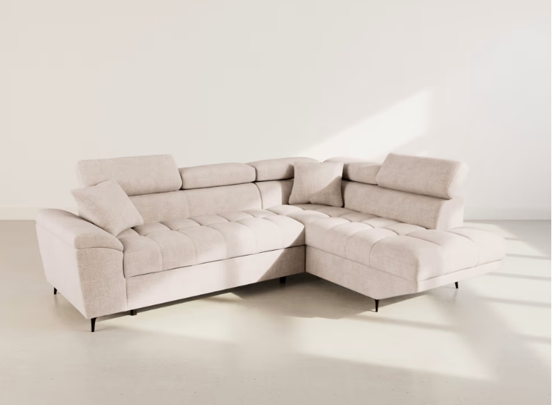 Camille - Canapé d'angle droit convertible 5 places en velours texturé beige