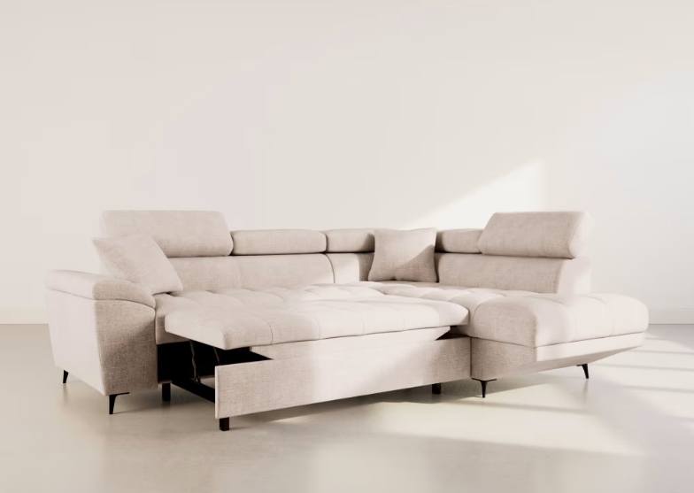 Camille - Canapé d'angle droit convertible 5 places en velours texturé beige 3