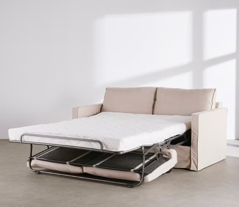 Julio - Canapé convertible 3 places déhoussable en textile tramé beige, matelas 14 cm 3